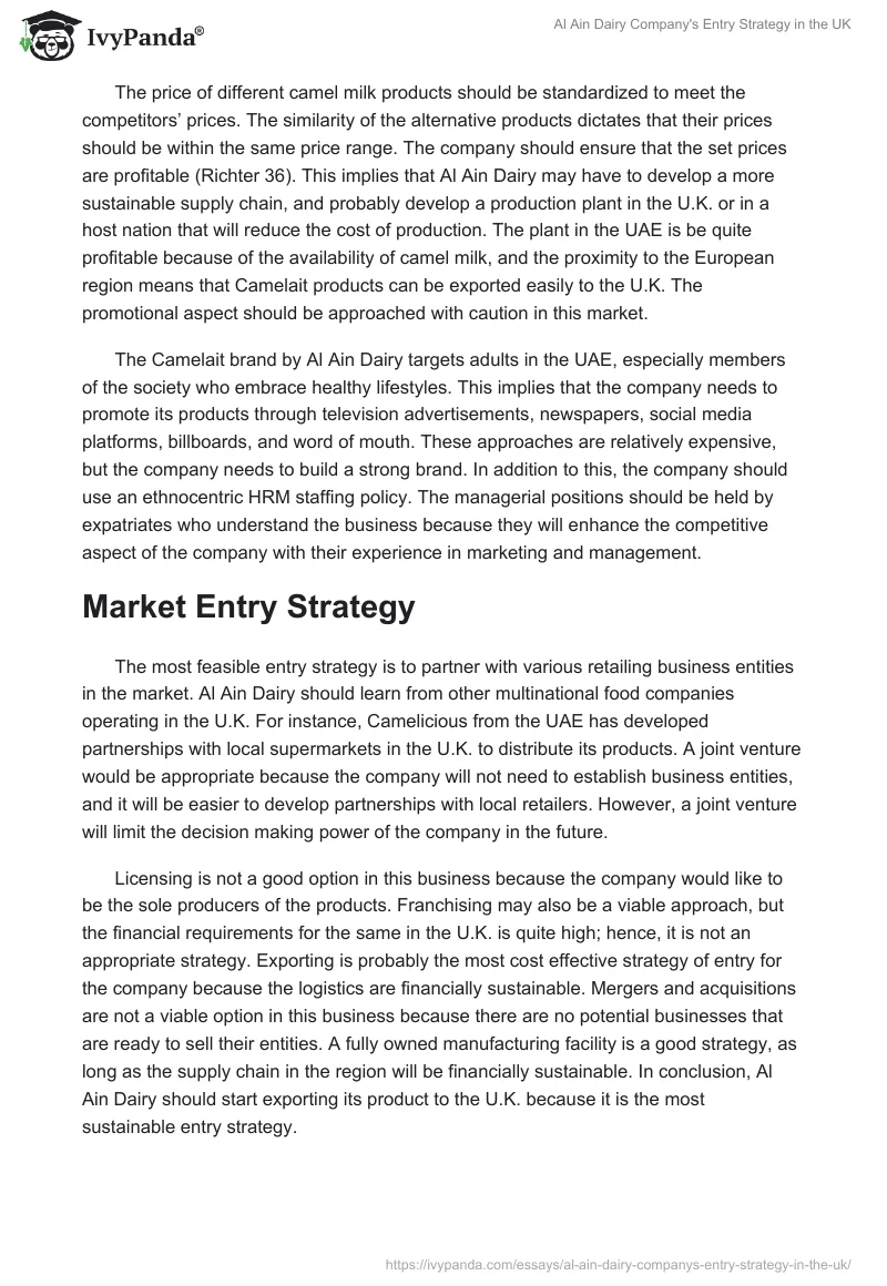 Al Ain Dairy Company's Entry Strategy in the UK. Page 4