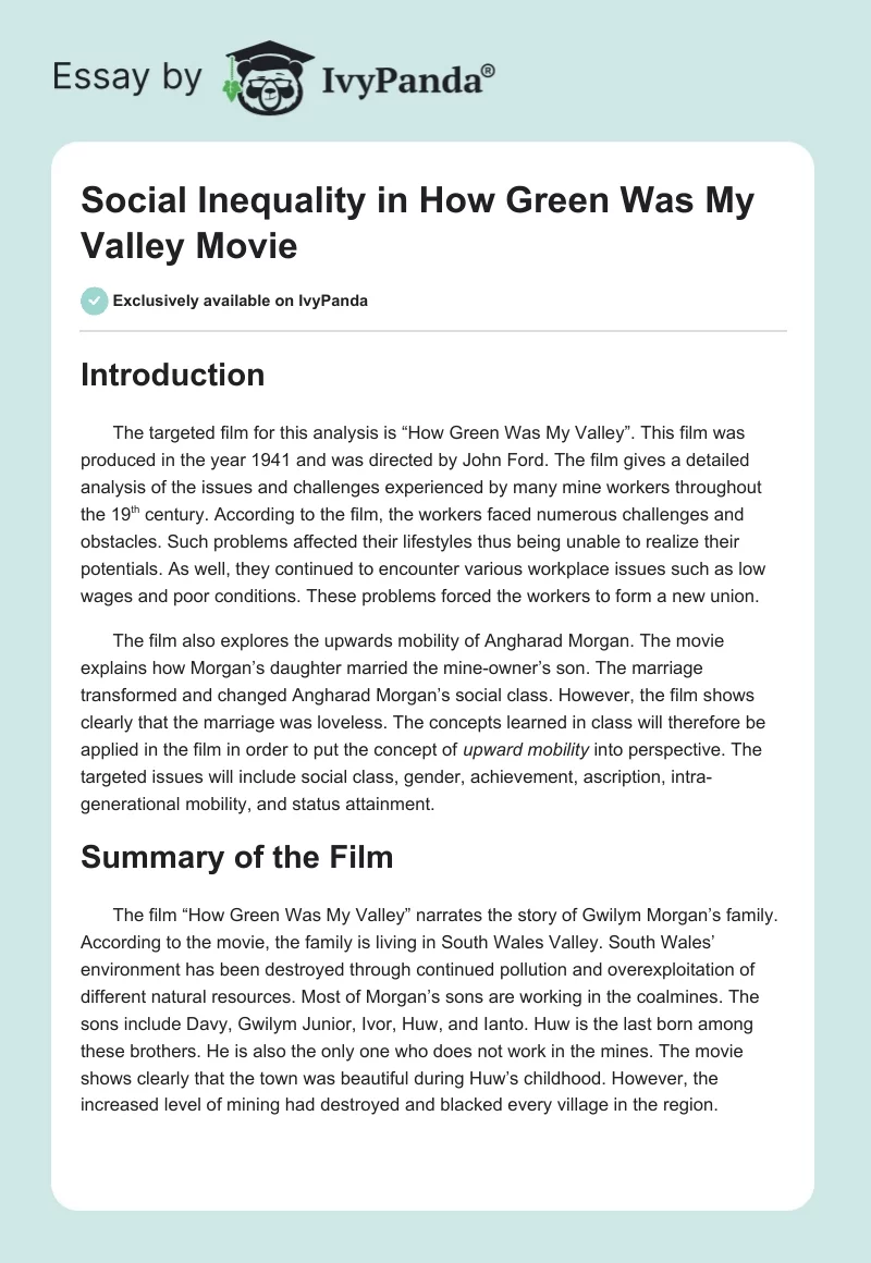 Social Inequality in How Green Was My Valley Movie. Page 1
