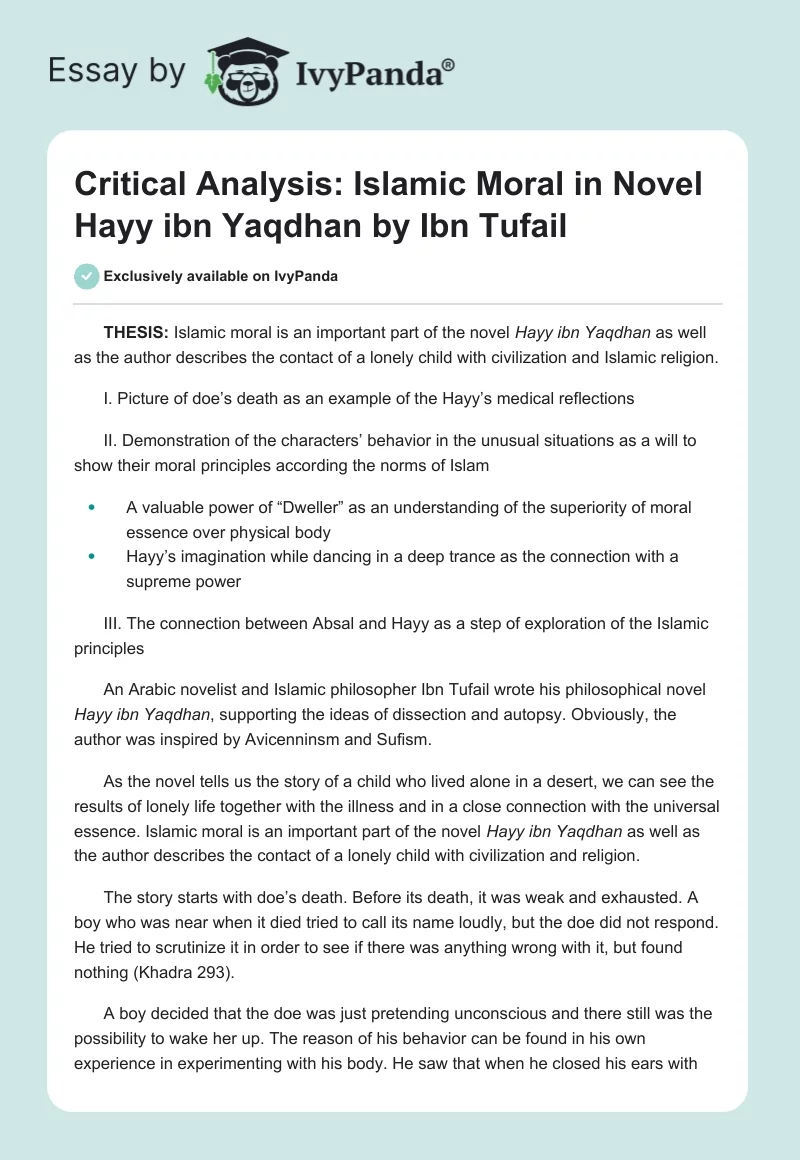 Critical Analysis: Islamic Moral in Novel Hayy ibn Yaqdhan by Ibn Tufail. Page 1
