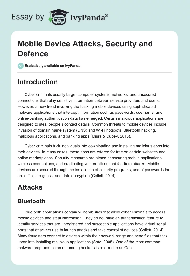 Mobile Device Attacks, Security and Defence. Page 1