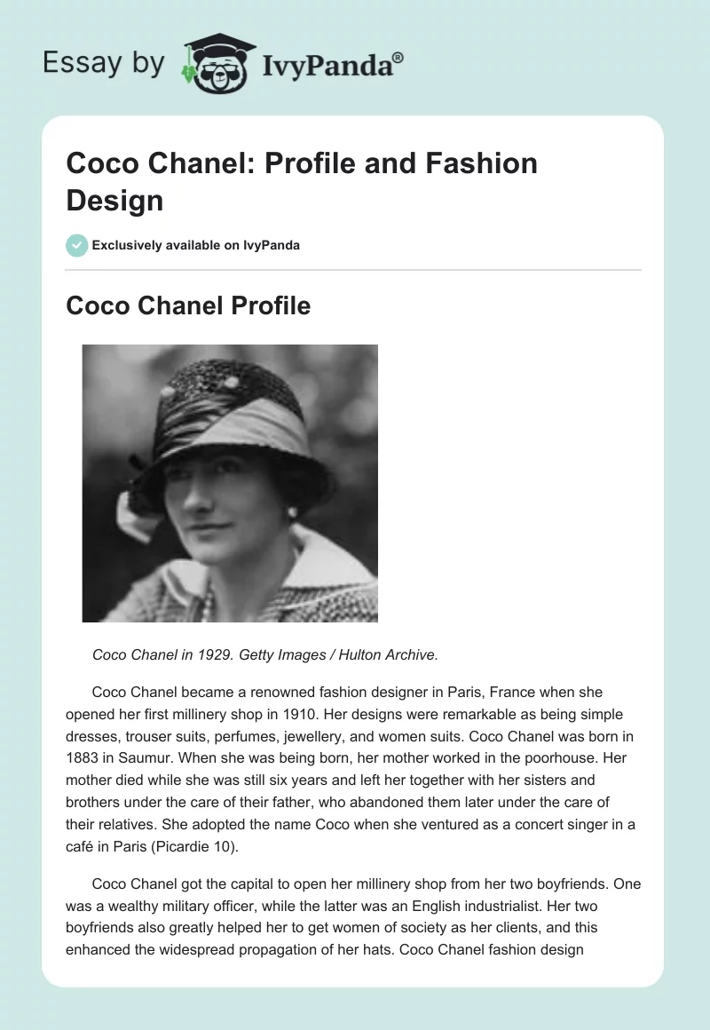 Coco Chanel: Profile and Fashion Design - 1638 Words