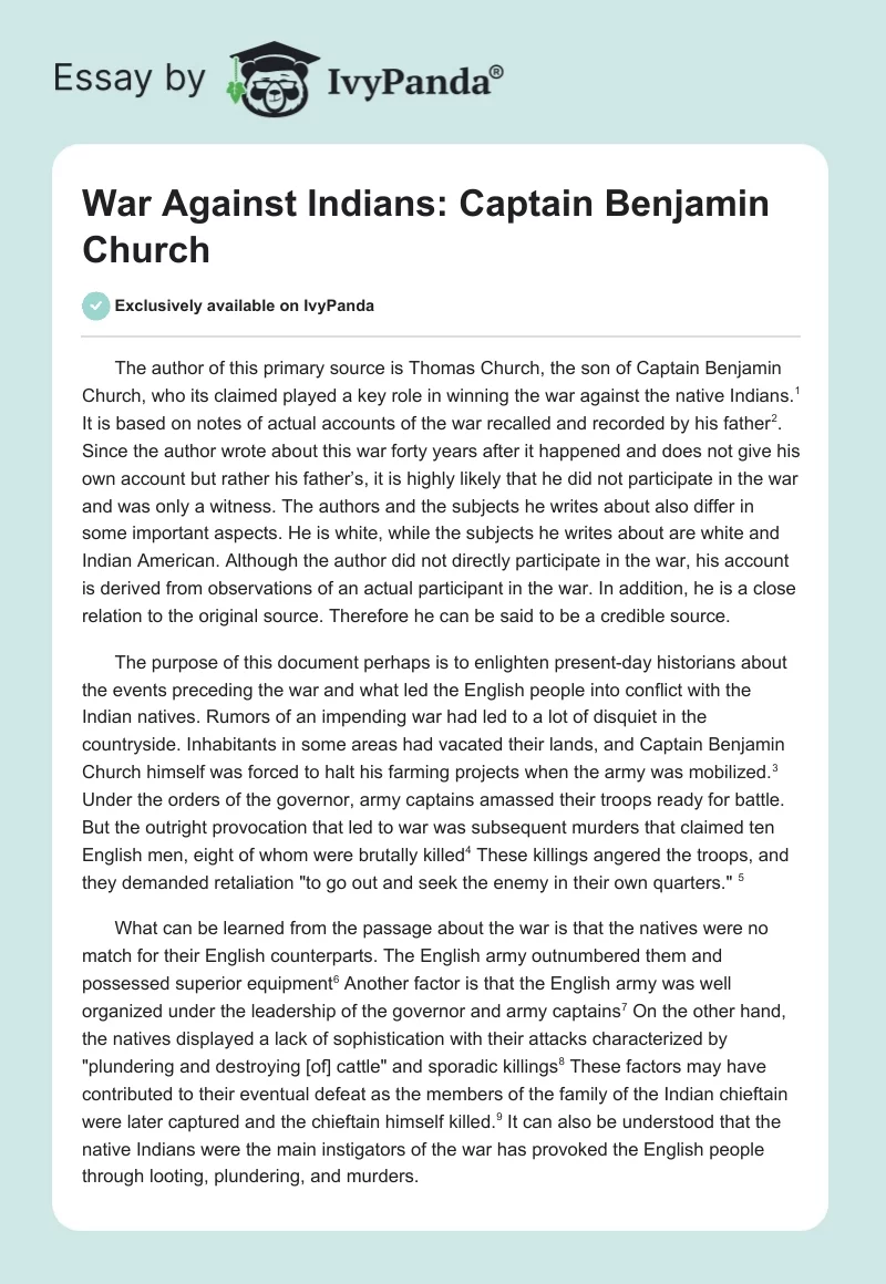 War Against Indians: Captain Benjamin Church. Page 1