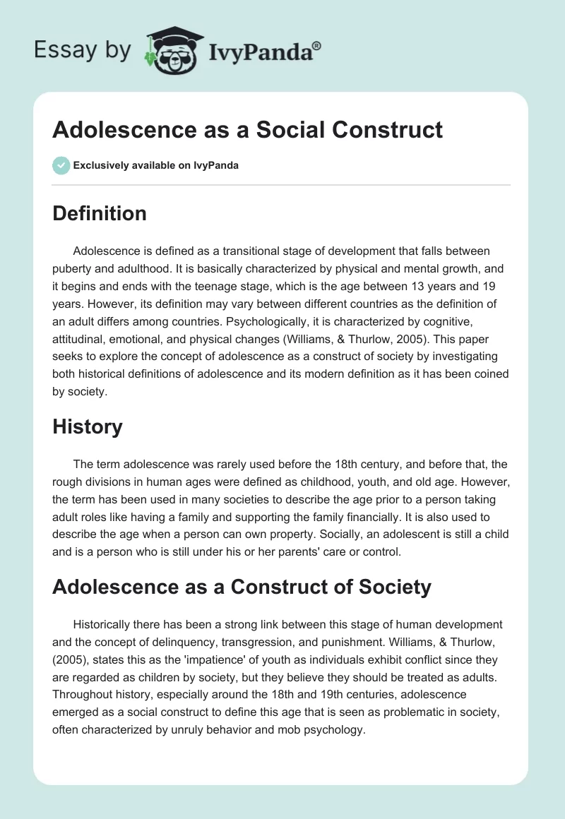 Adolescence as a Social Construct. Page 1