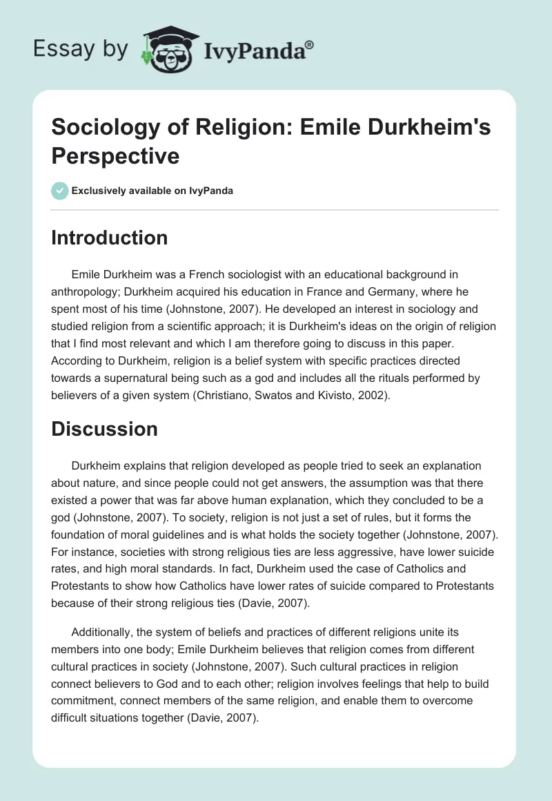 Sociology of Religion: Emile Durkheim's Perspective. Page 1