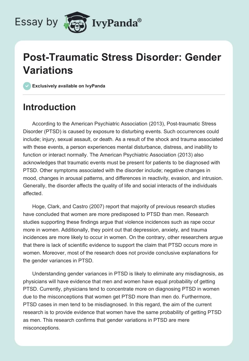 Post-Traumatic Stress Disorder: Gender Variations. Page 1