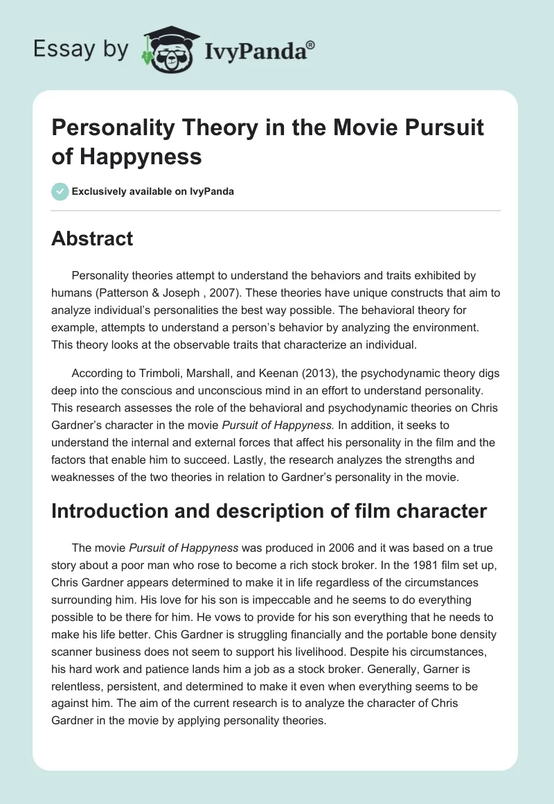 Personality Theory in the Movie "Pursuit of Happyness". Page 1