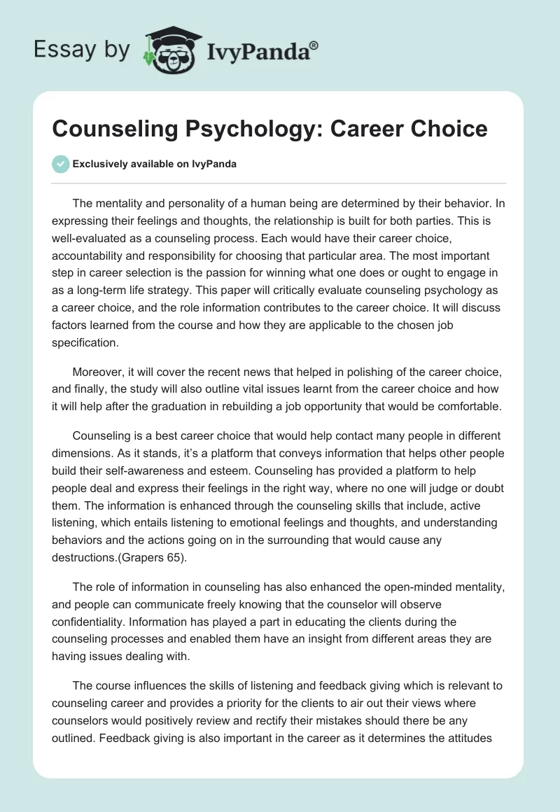 Counseling Psychology: Career Choice. Page 1