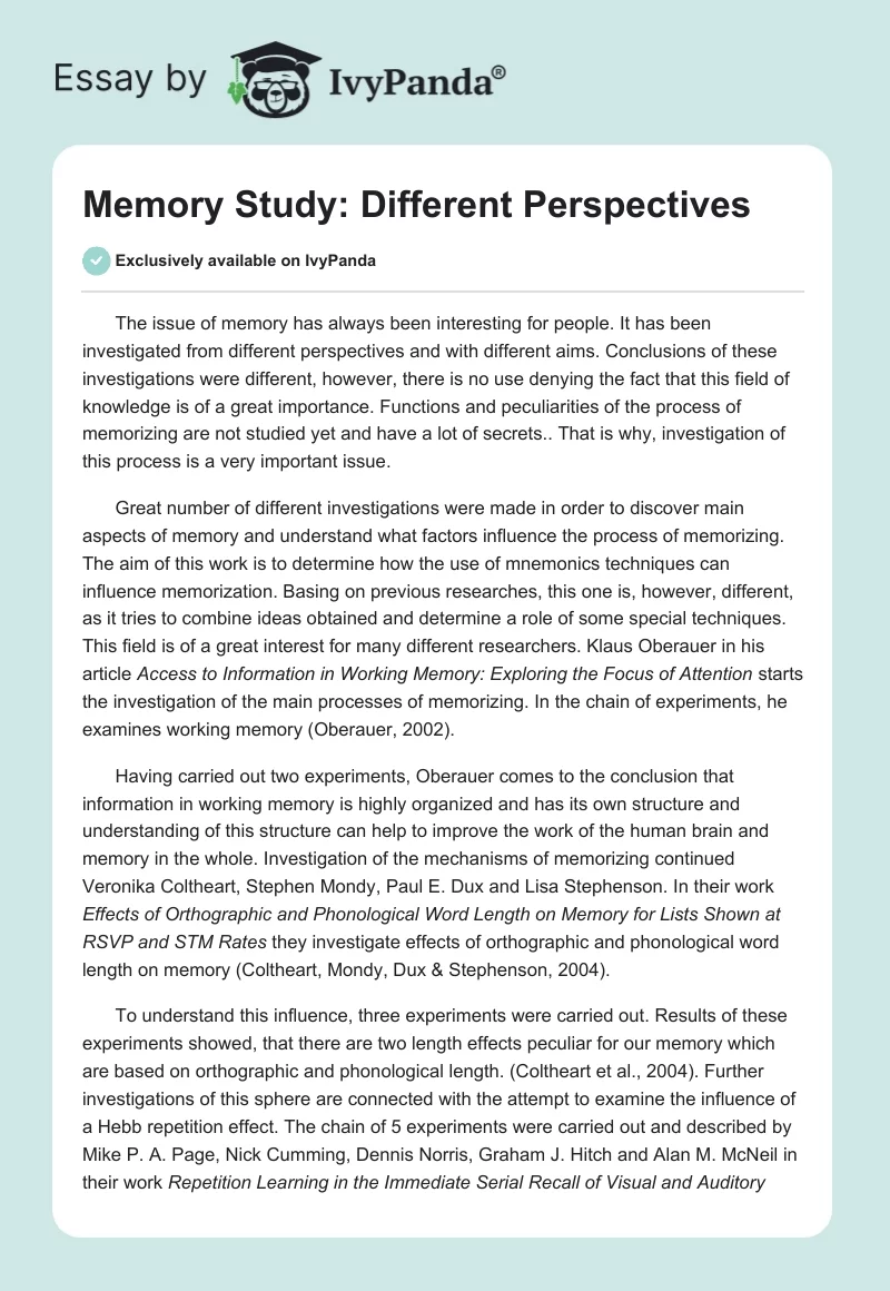 Memory Study: Different Perspectives. Page 1