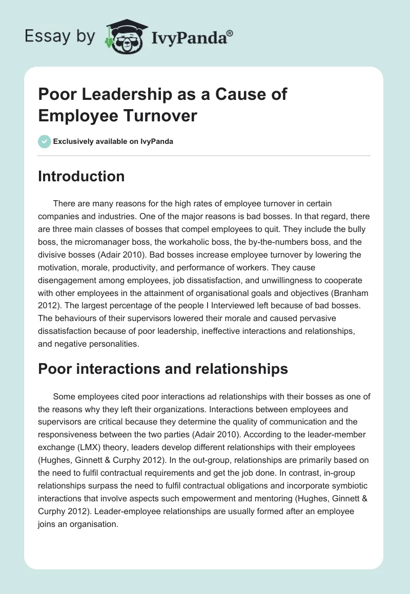 Poor Leadership as a Cause of Employee Turnover. Page 1