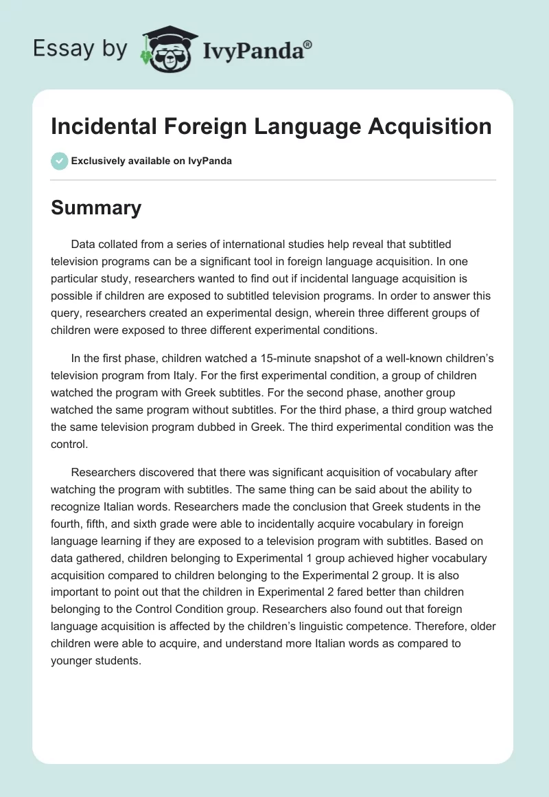 Incidental Foreign Language Acquisition. Page 1