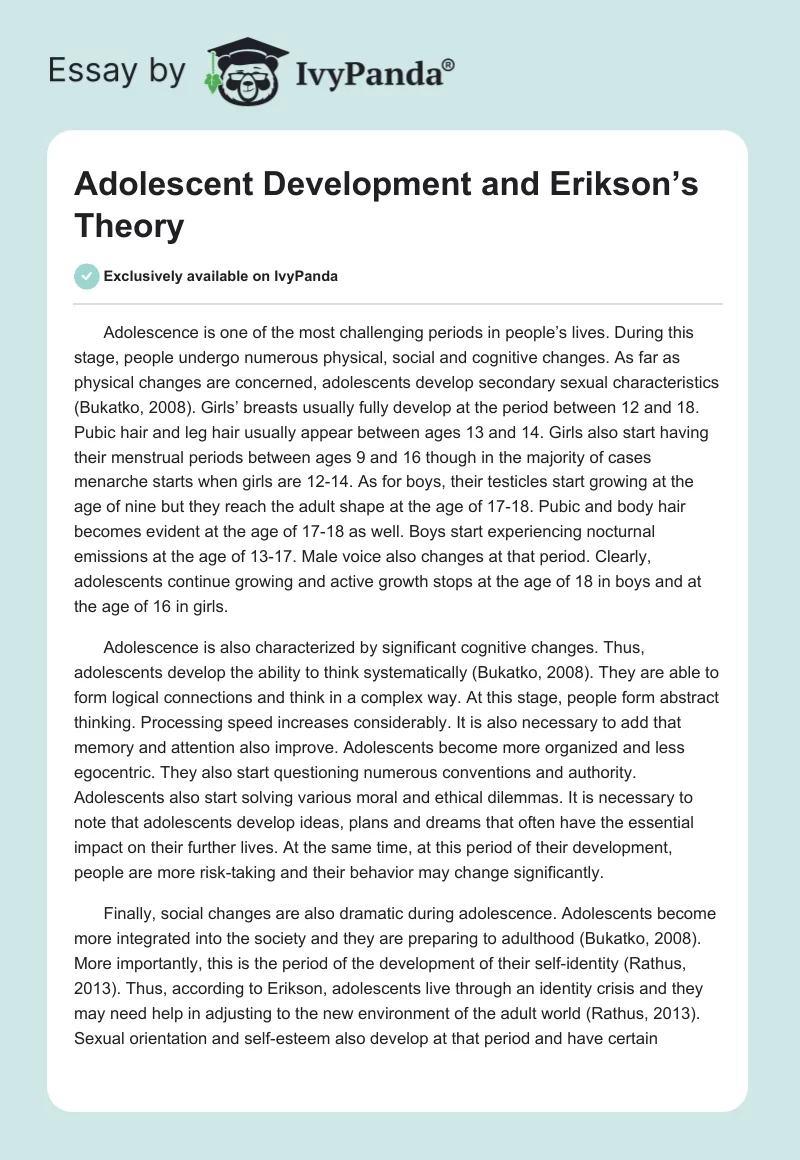 Adolescent Development and Erikson’s Theory. Page 1