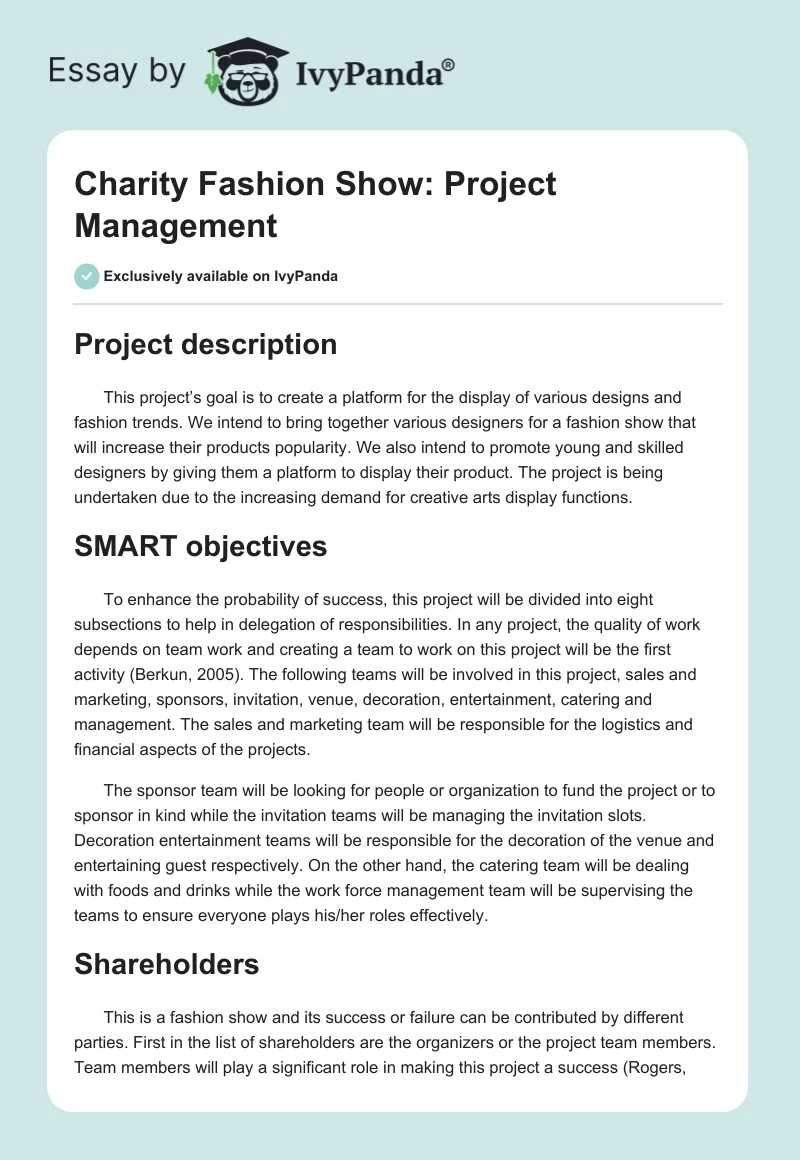 Charity Fashion Show: Project Management. Page 1