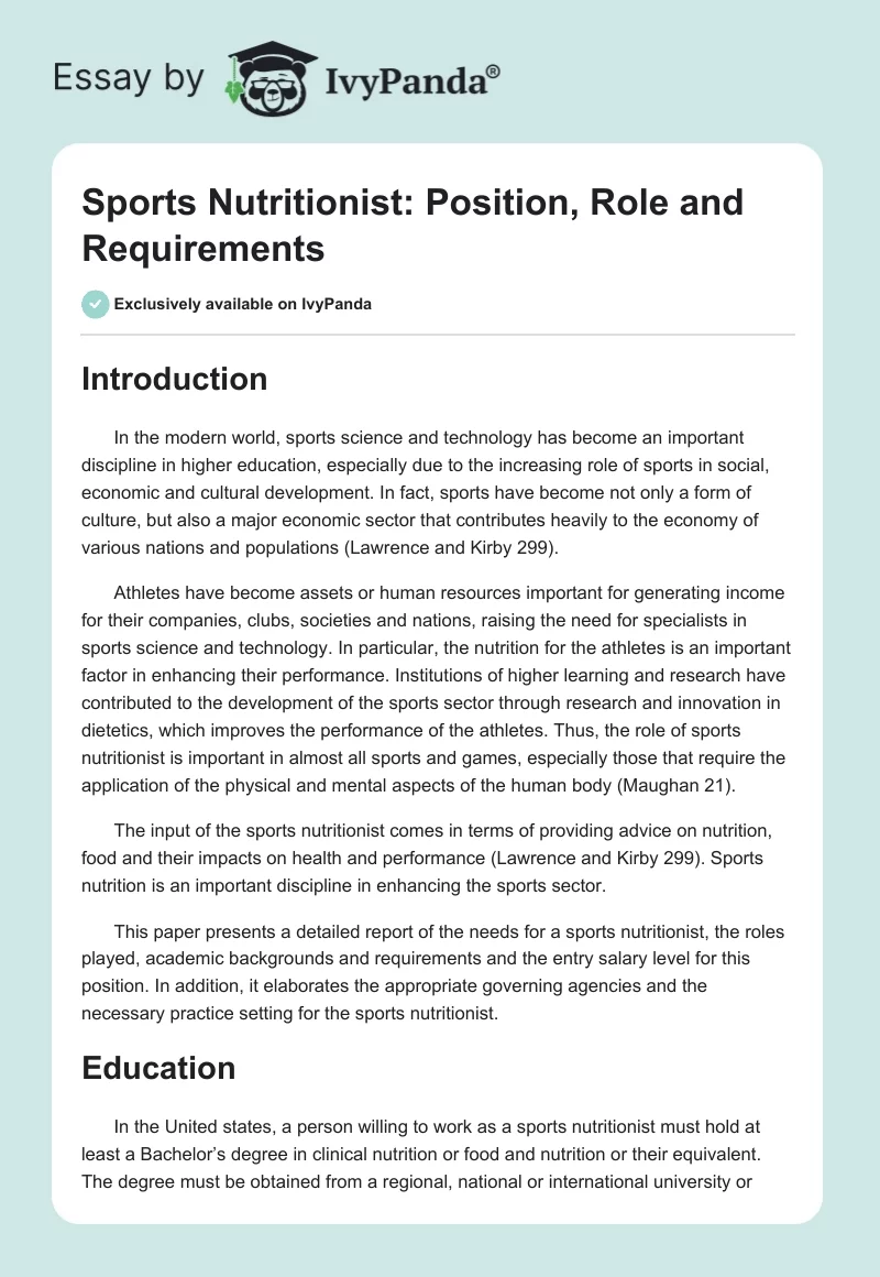 Sports Nutritionist: Position, Role and Requirements. Page 1