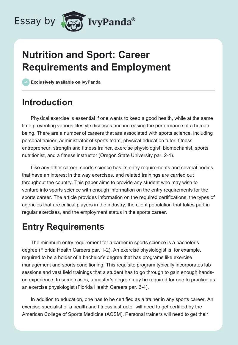 Nutrition and Sport: Career Requirements and Employment. Page 1