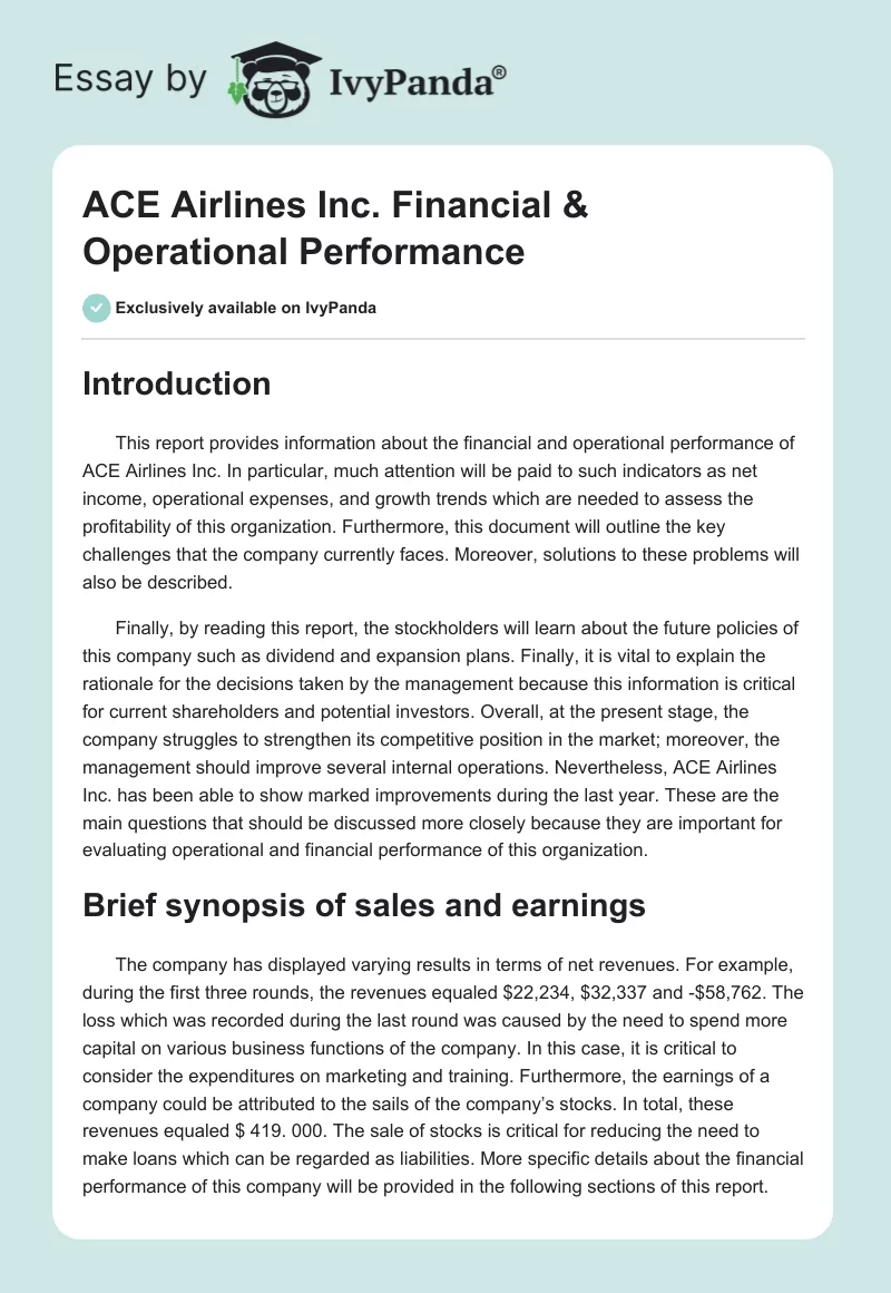 ACE Airlines Inc. Financial & Operational Performance. Page 1