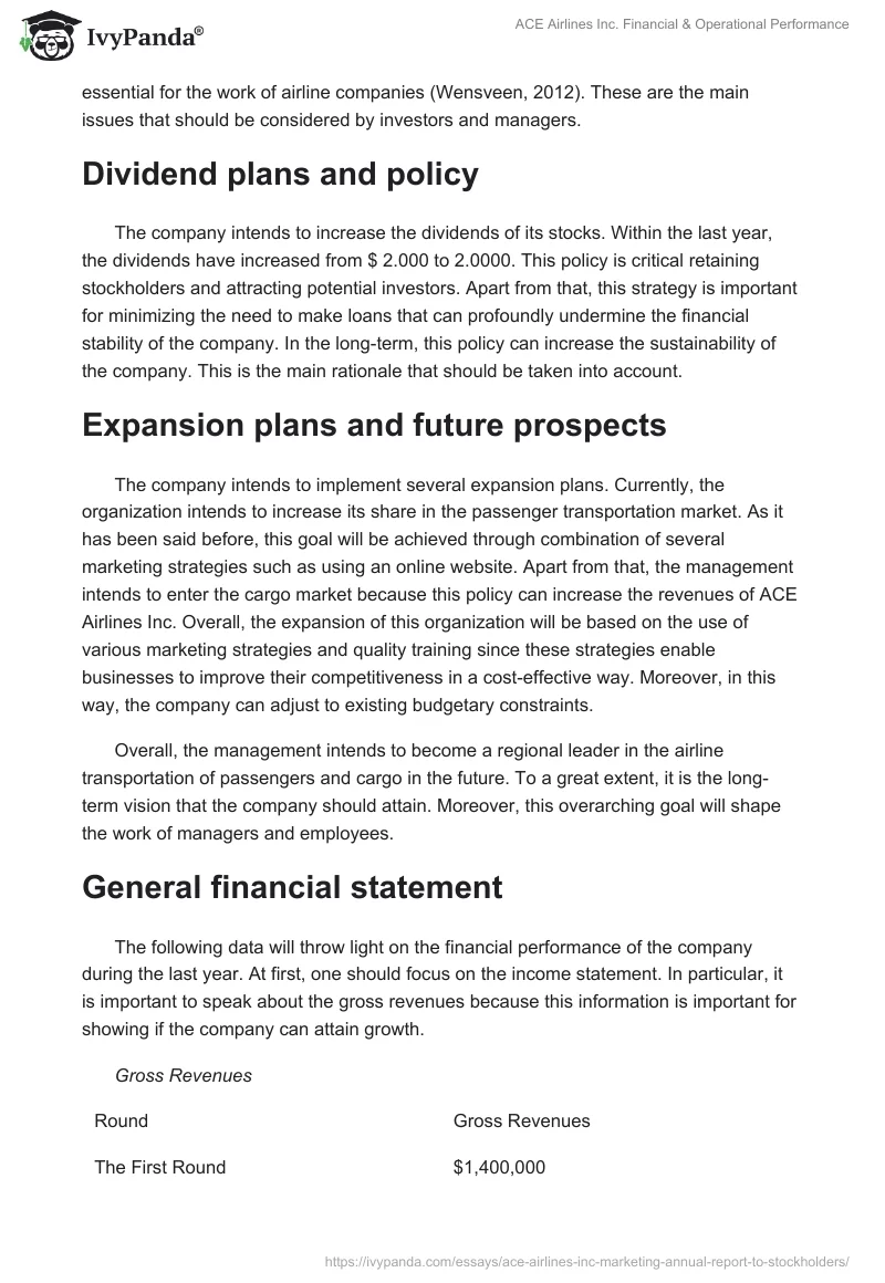 ACE Airlines Inc. Financial & Operational Performance. Page 3