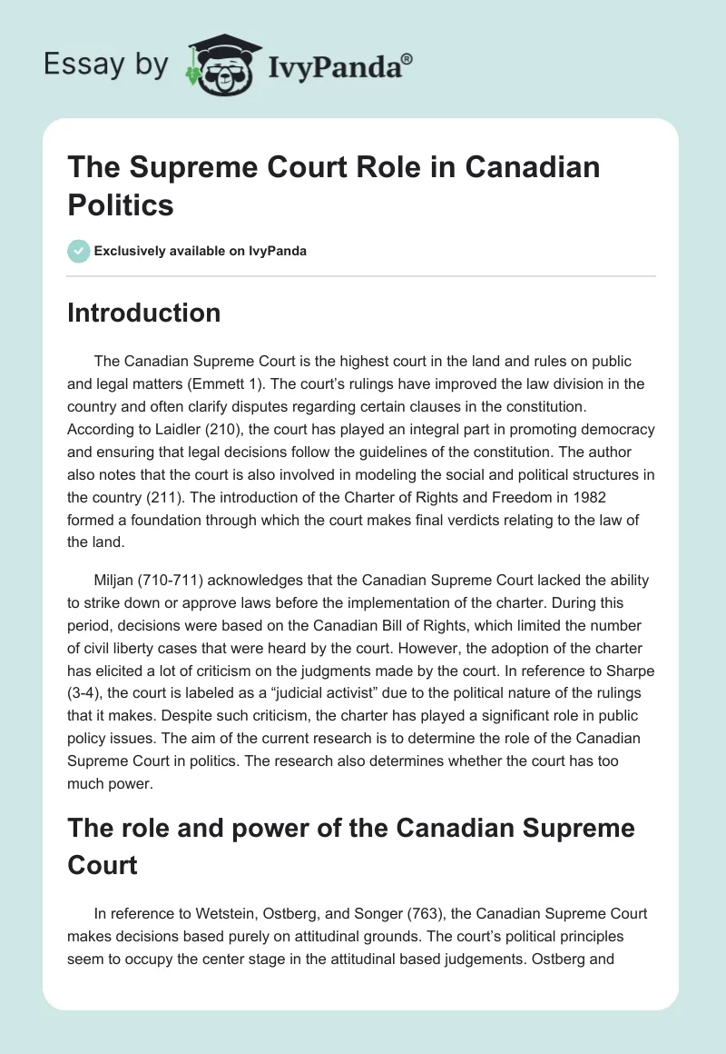 The Supreme Court Role in Canadian Politics. Page 1