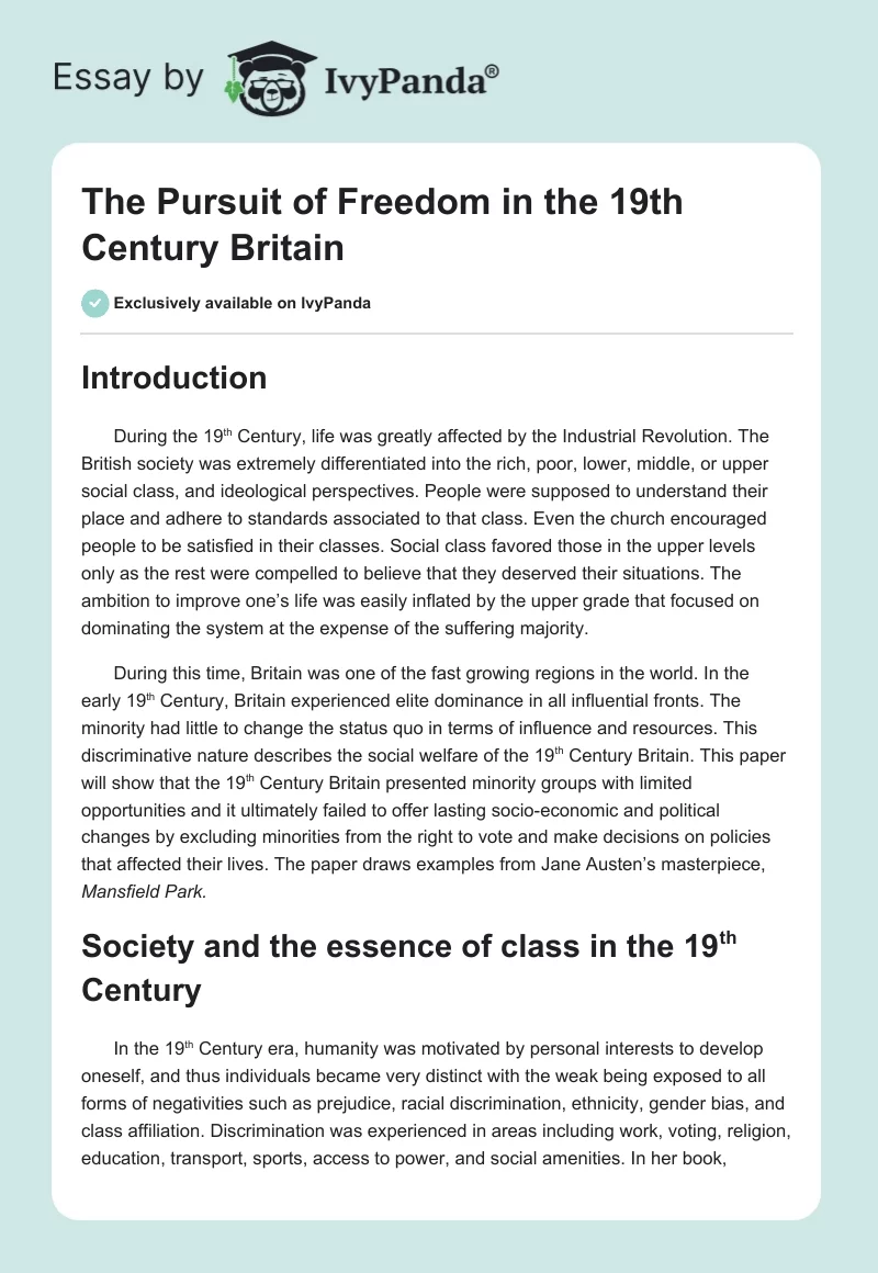 The Pursuit of Freedom in the 19th Century Britain. Page 1