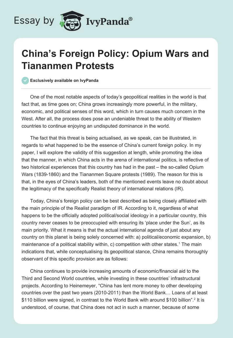 China’s Foreign Policy: Opium Wars and Tiananmen Protests. Page 1