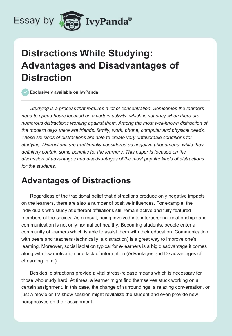 Distractions While Studying: Advantages and Disadvantages of Distraction. Page 1
