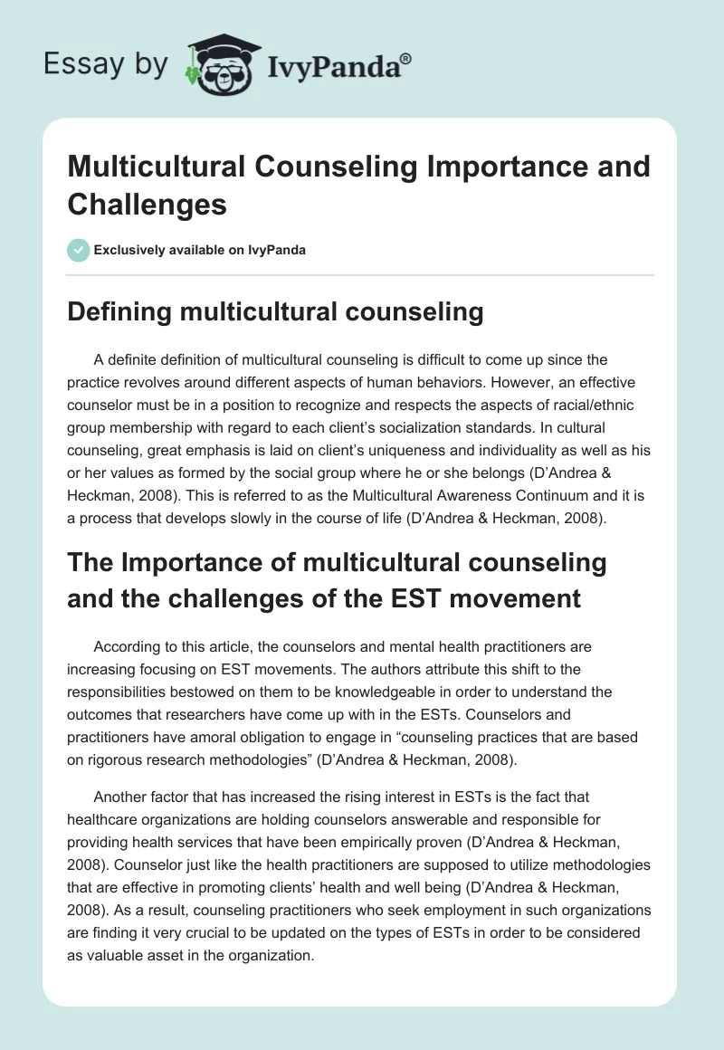 Multicultural Counseling Importance and Challenges. Page 1