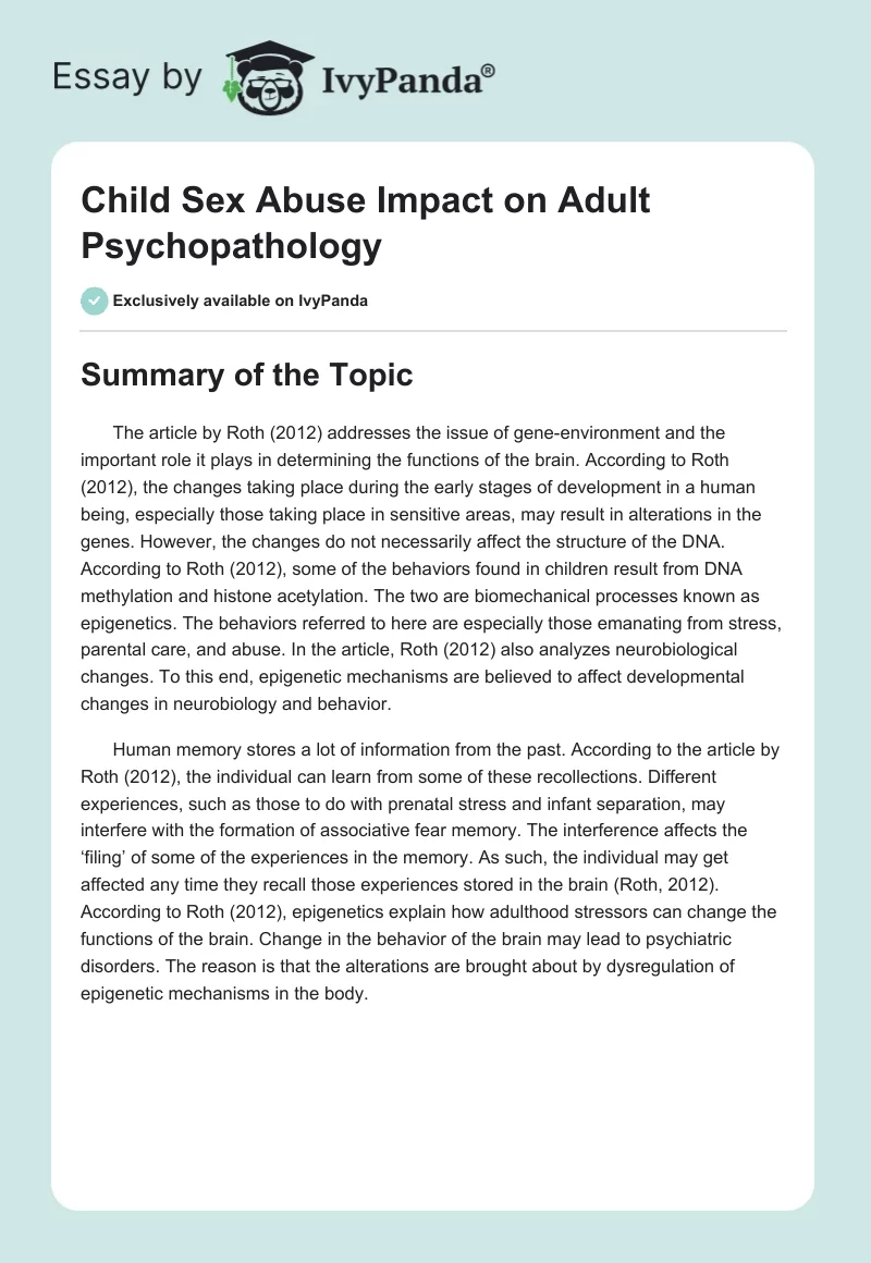 Child Sex Abuse Impact on Adult Psychopathology. Page 1