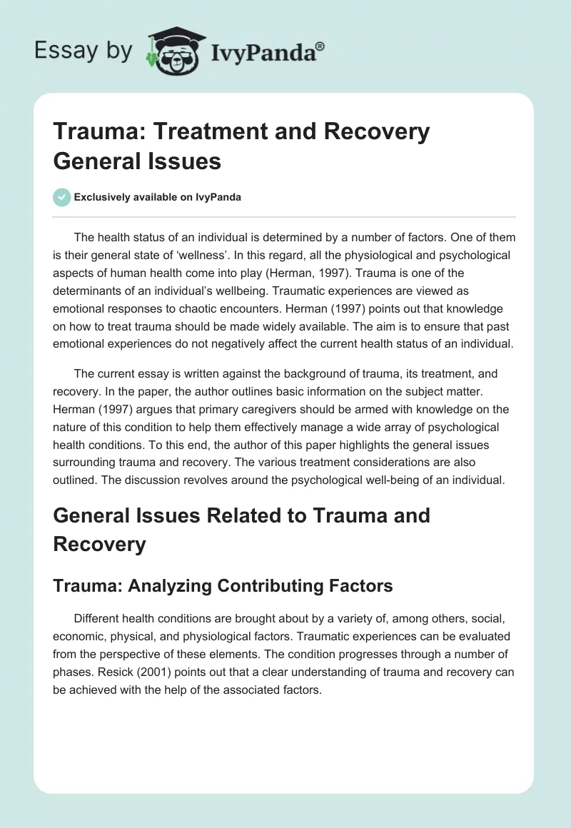 Trauma: Treatment and Recovery General Issues. Page 1