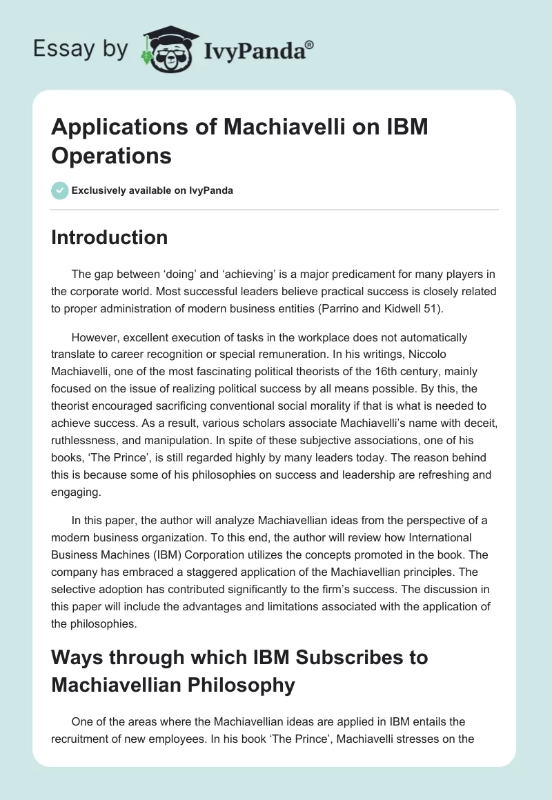 Applications of Machiavelli on IBM Operations. Page 1