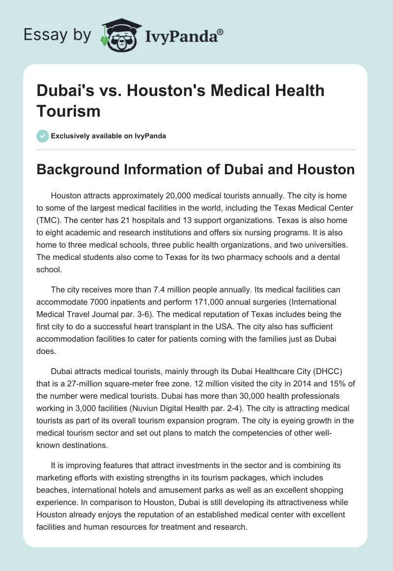 Dubai's vs. Houston's Medical Health Tourism. Page 1