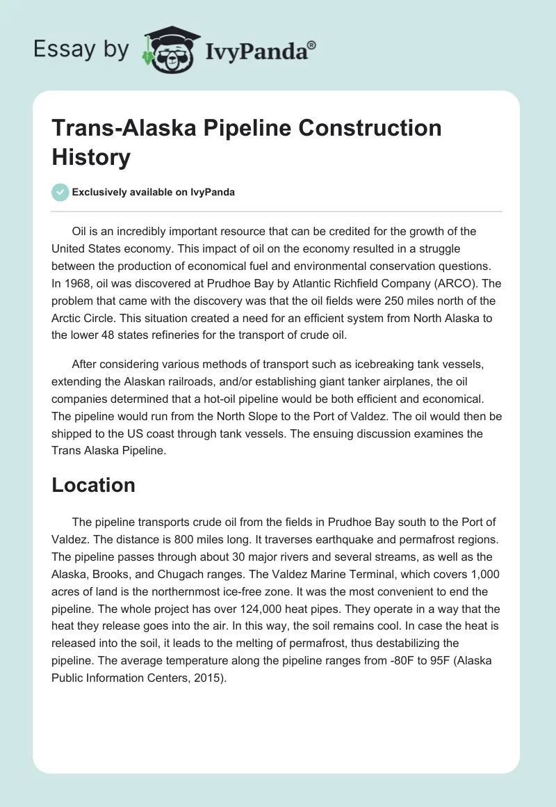 Trans-Alaska Pipeline Construction History. Page 1
