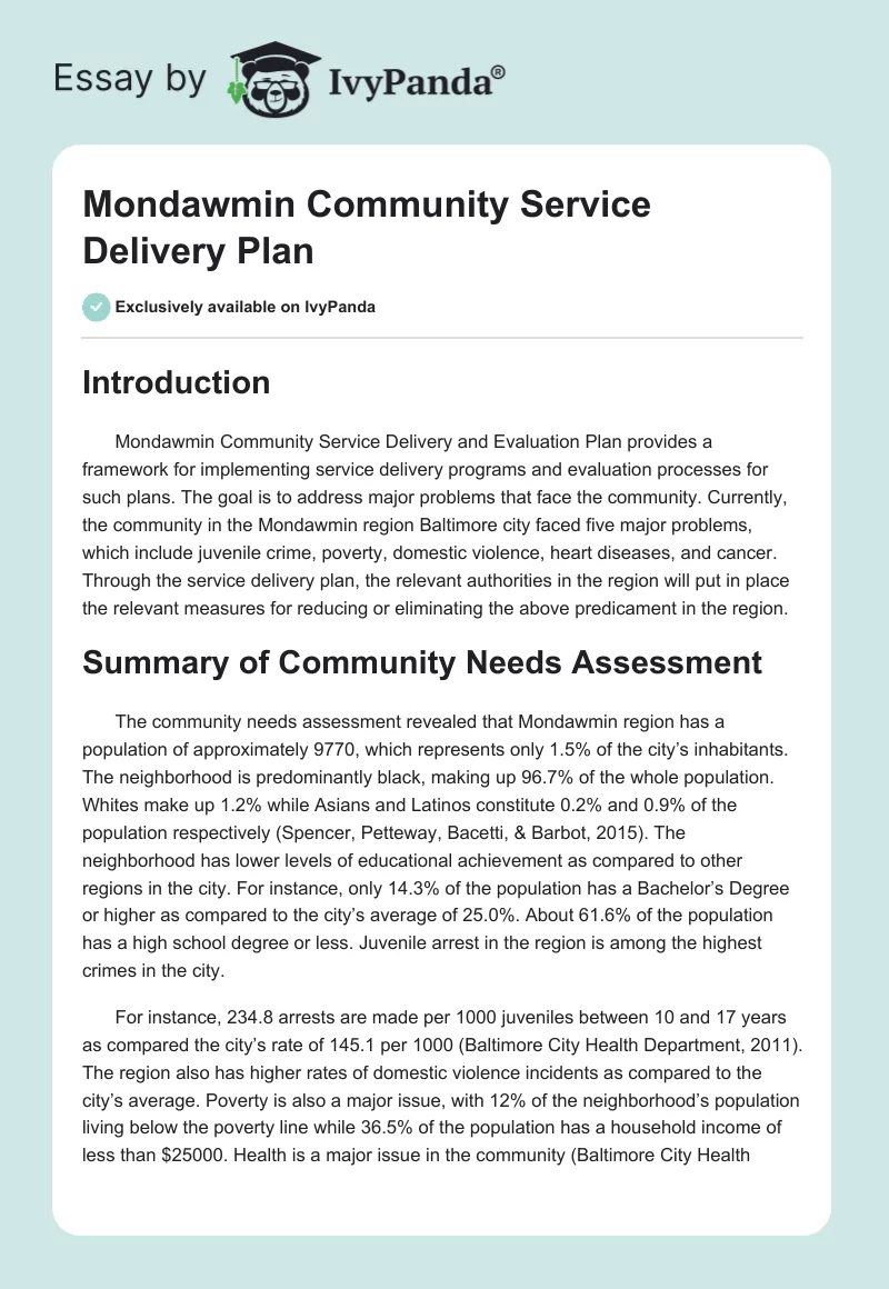 Mondawmin Community Service Delivery Plan. Page 1