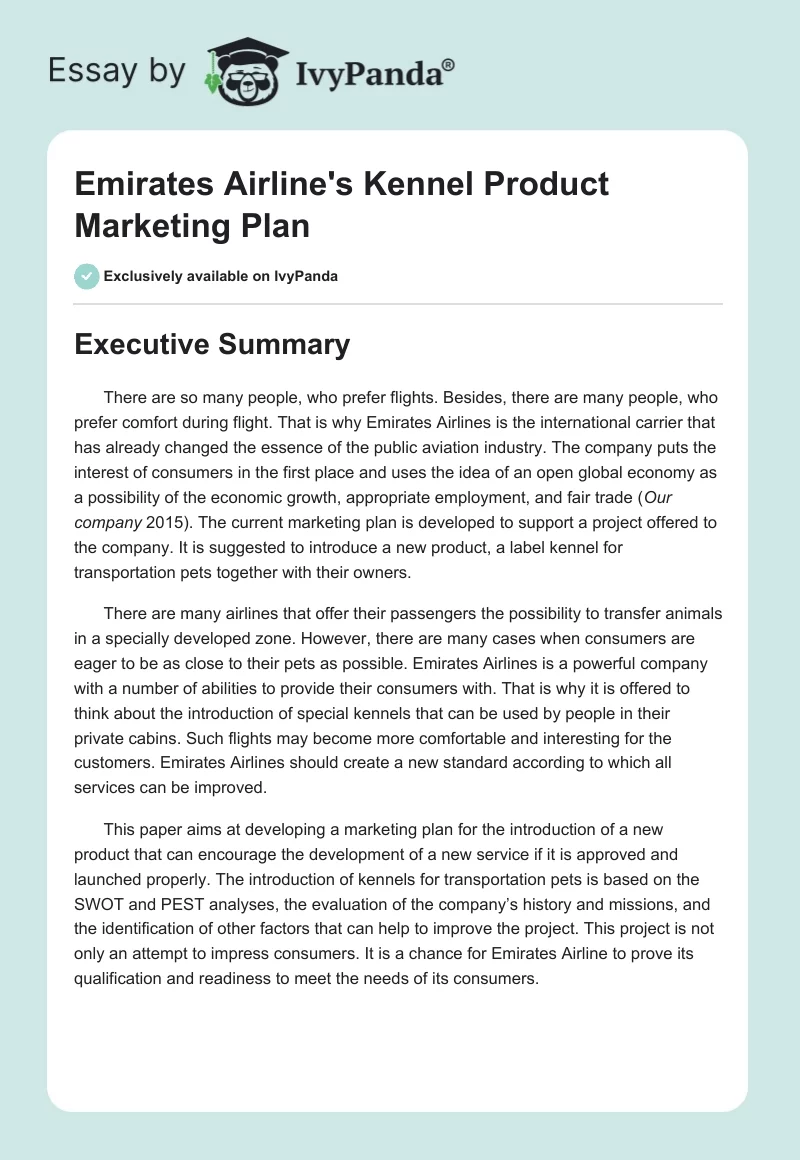 Emirates Airline's Kennel Product Marketing Plan. Page 1