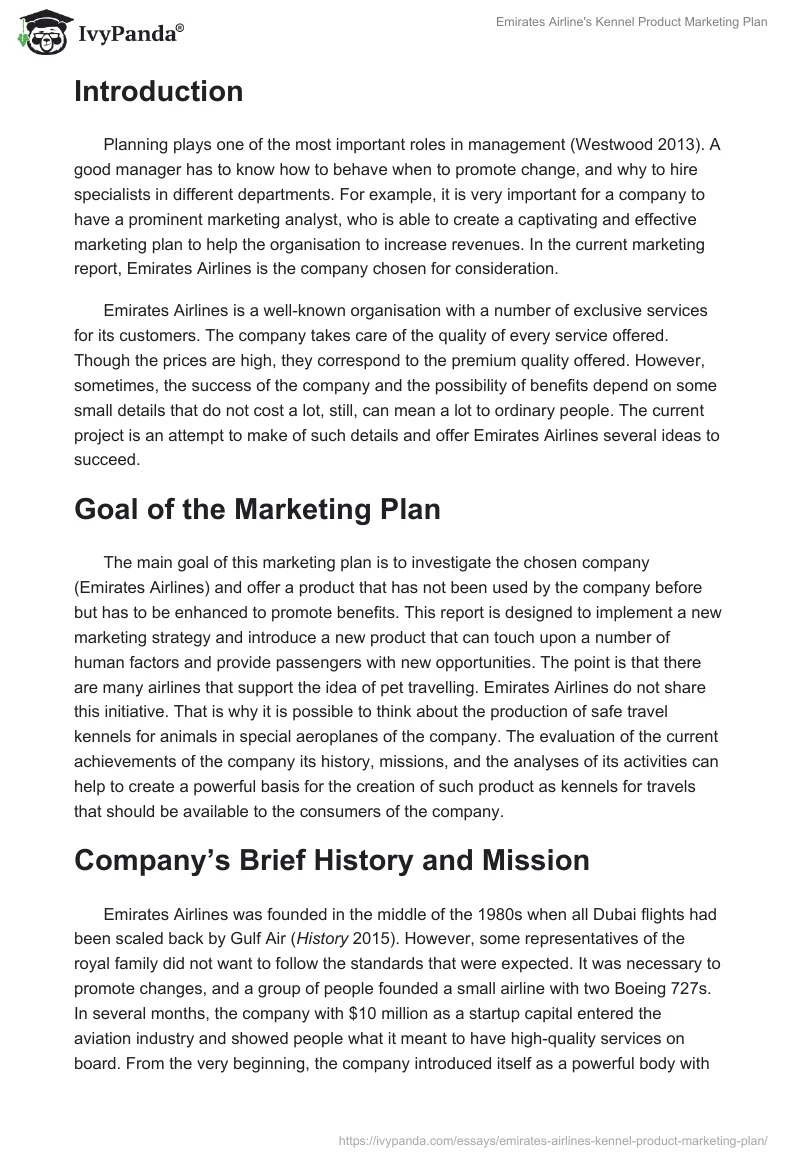 Emirates Airline's Kennel Product Marketing Plan. Page 2