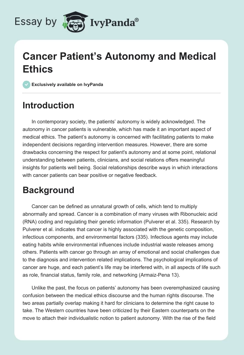 Cancer Patient’s Autonomy and Medical Ethics. Page 1