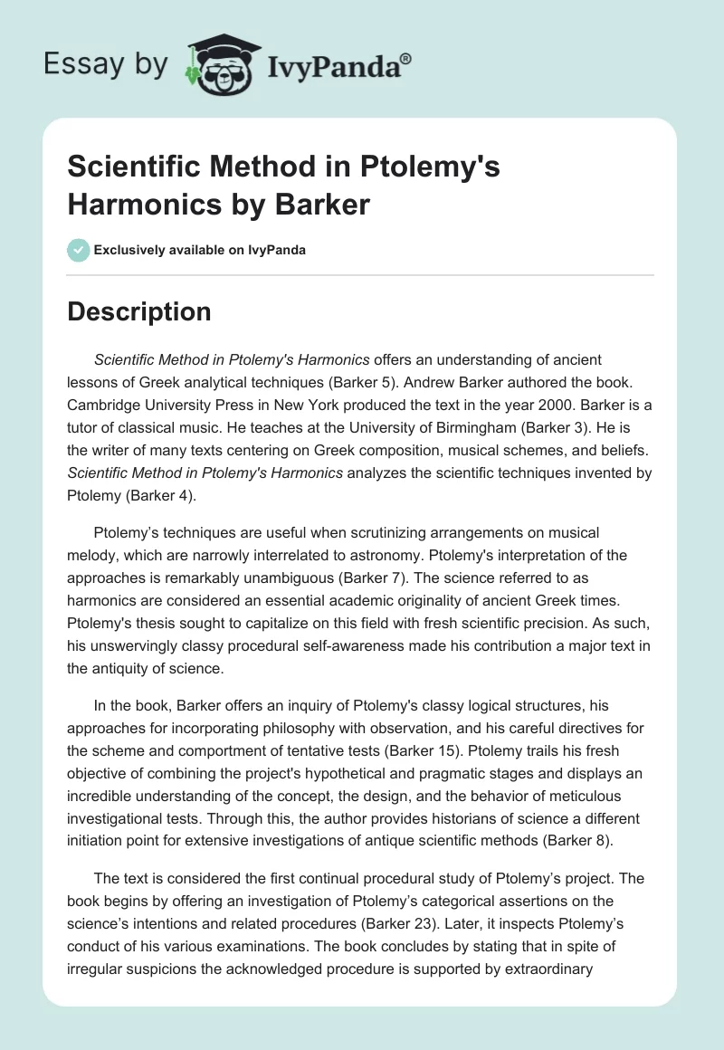 Scientific Method in Ptolemy's Harmonics by Barker. Page 1
