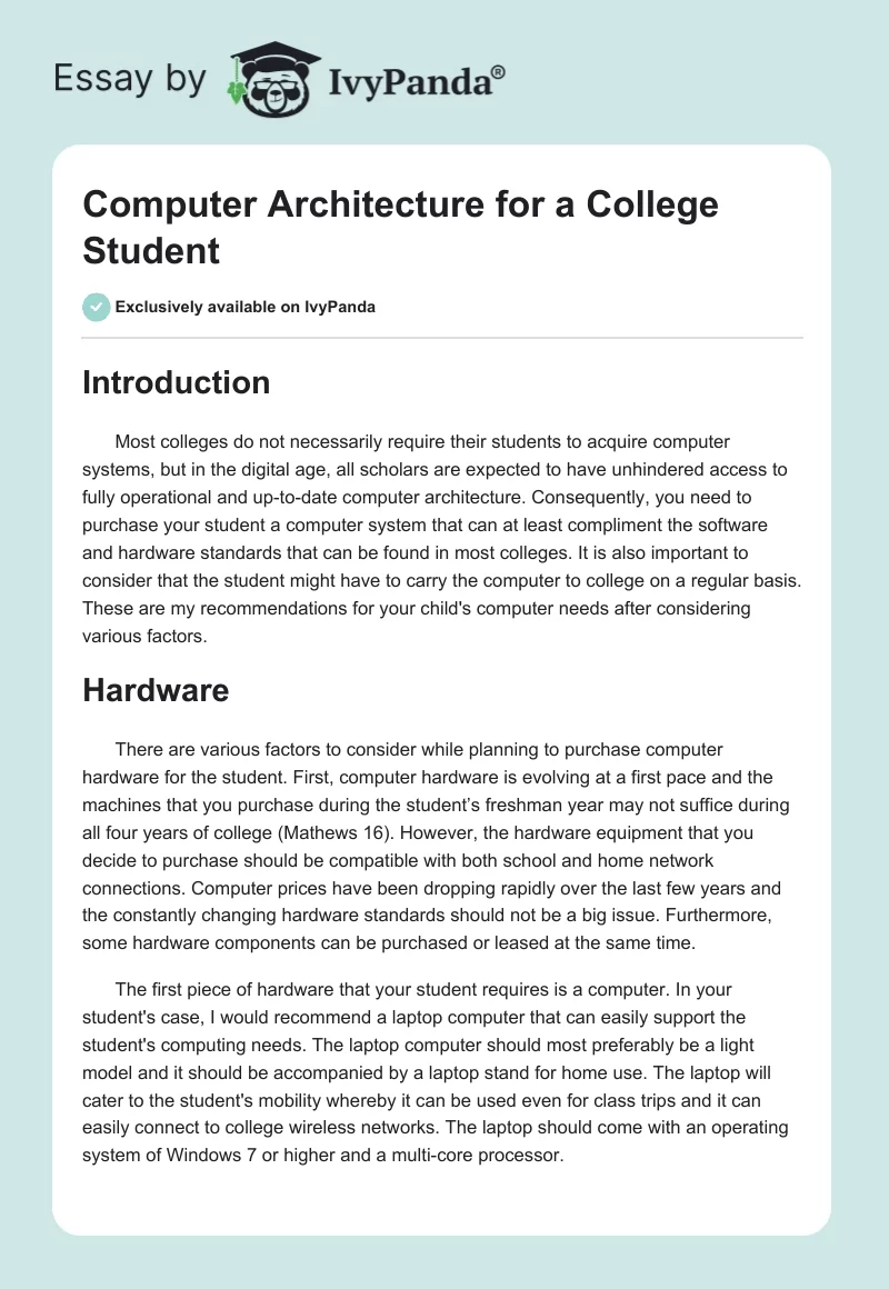 Computer Architecture for a College Student. Page 1