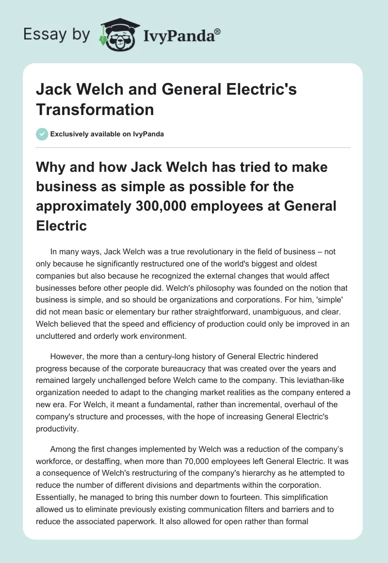 Jack Welch and General Electric's Transformation. Page 1