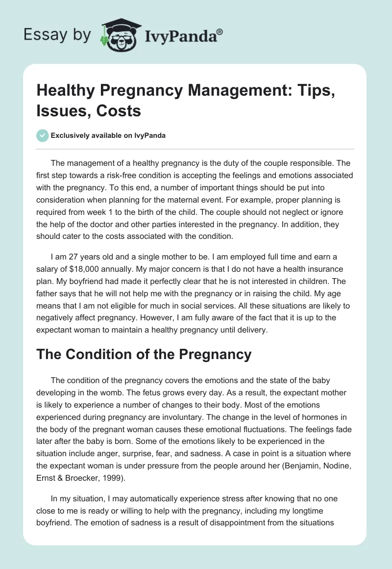 Healthy Pregnancy Management: Tips, Issues, Costs. Page 1