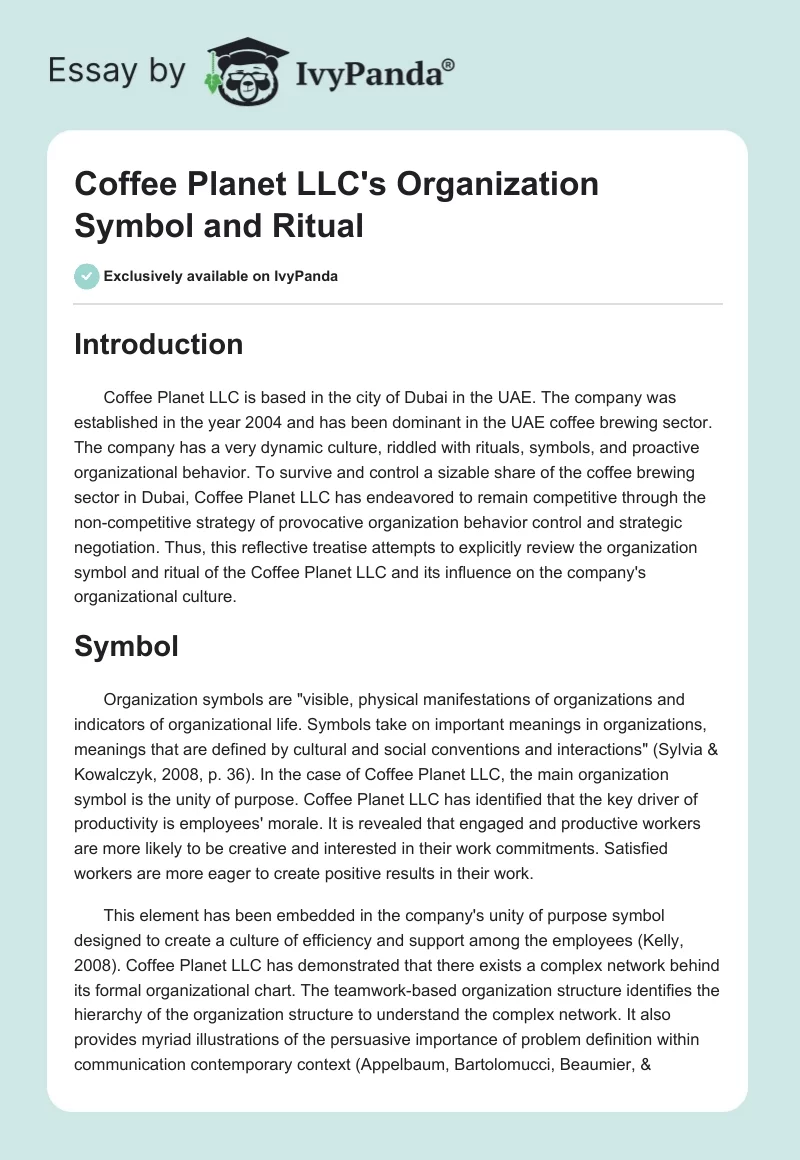 Coffee Planet LLC's Organization Symbol and Ritual. Page 1