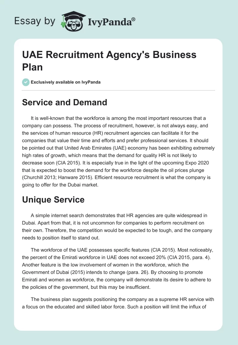 UAE Recruitment Agency's Business Plan. Page 1