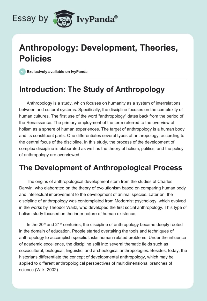 Anthropology: Development, Theories, Policies. Page 1
