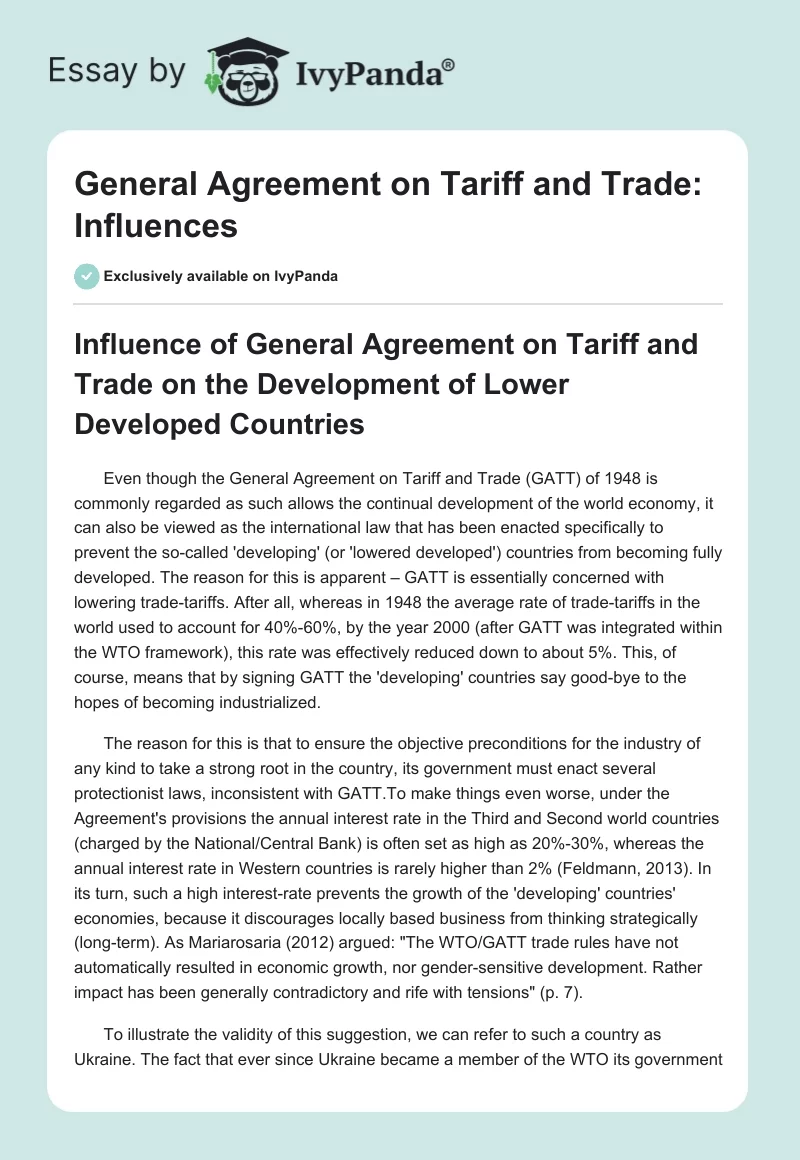 General Agreement on Tariff and Trade: Influences. Page 1