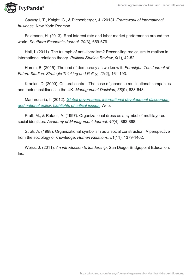 General Agreement on Tariff and Trade: Influences. Page 4