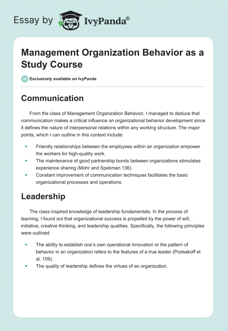 Management Organization Behavior as a Study Course. Page 1