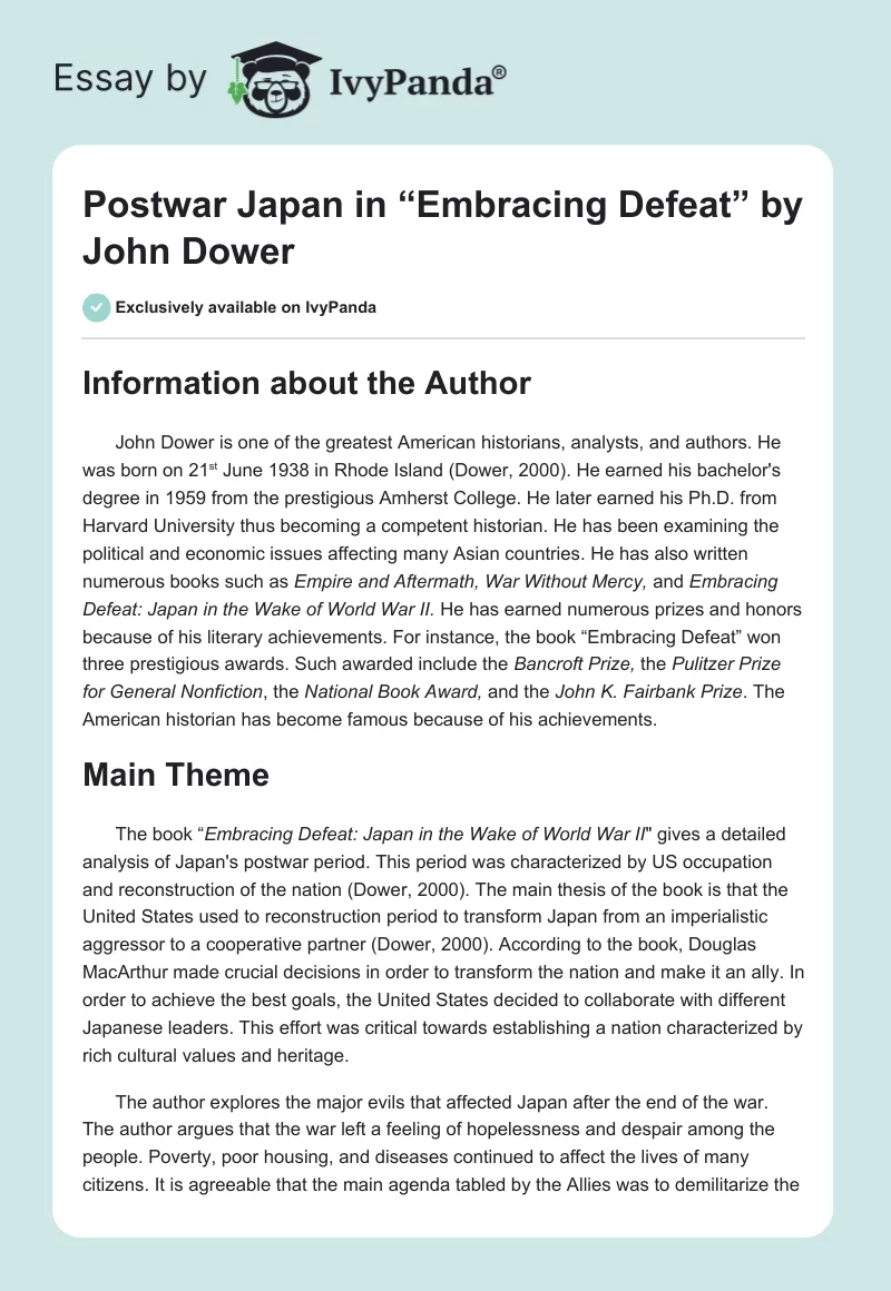 Postwar Japan in “Embracing Defeat” by John Dower. Page 1