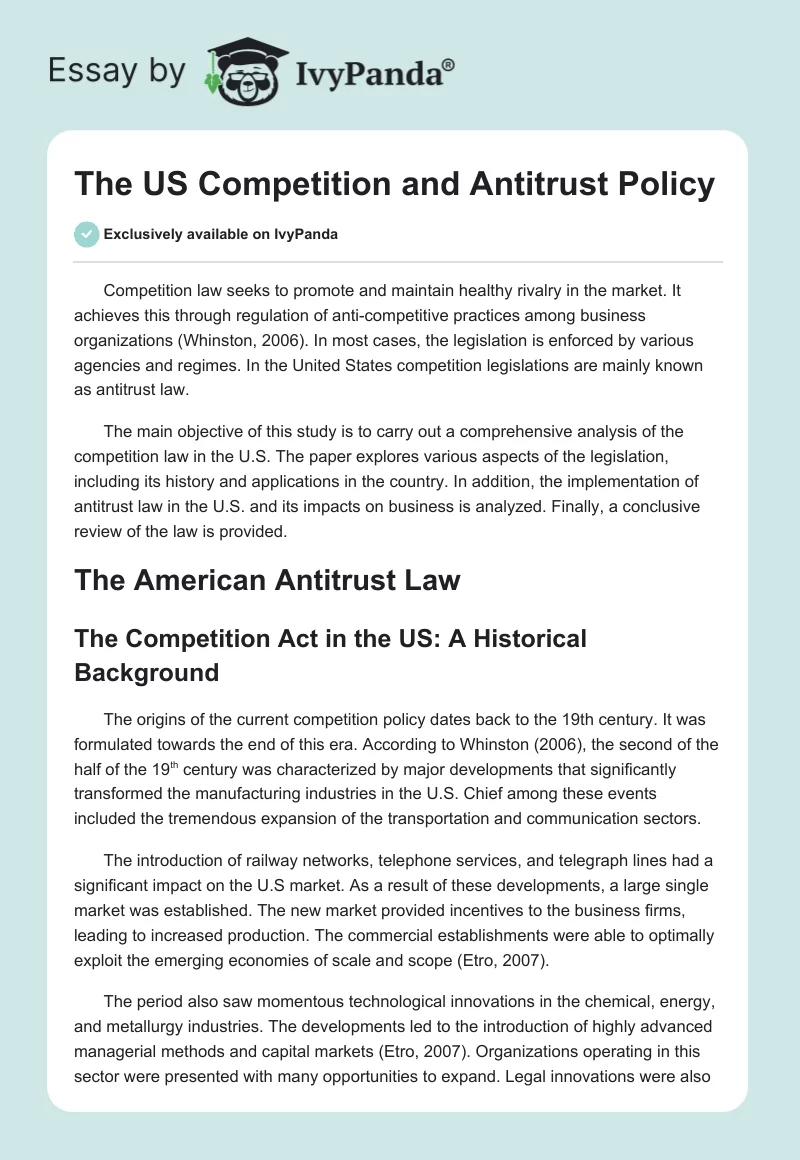 The US Competition and Antitrust Policy. Page 1