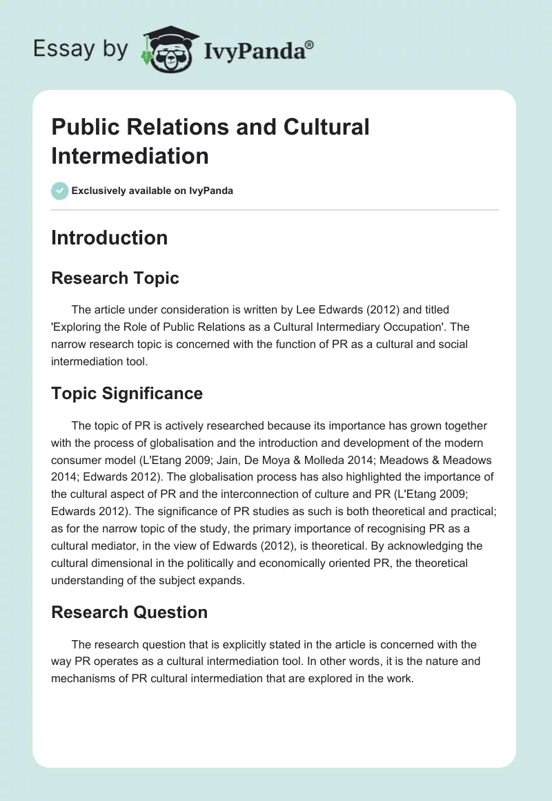 Public Relations and Cultural Intermediation. Page 1