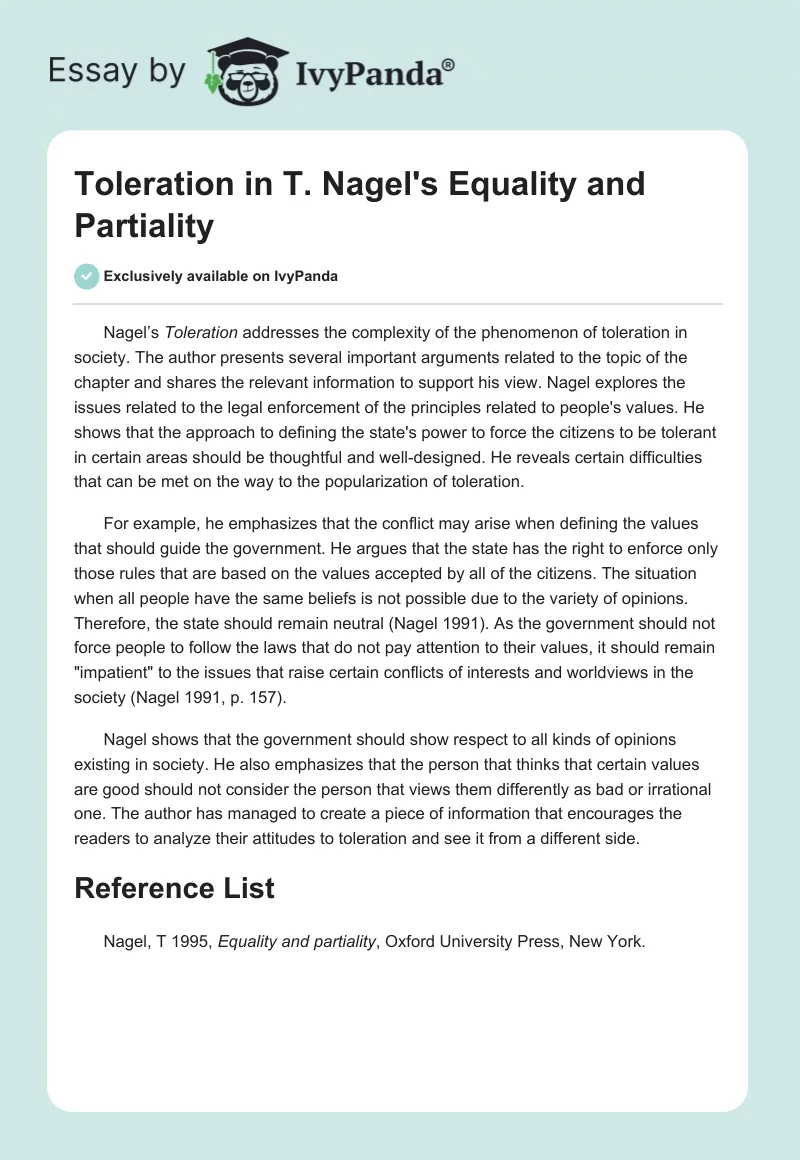 Toleration in T. Nagel's "Equality and Partiality". Page 1