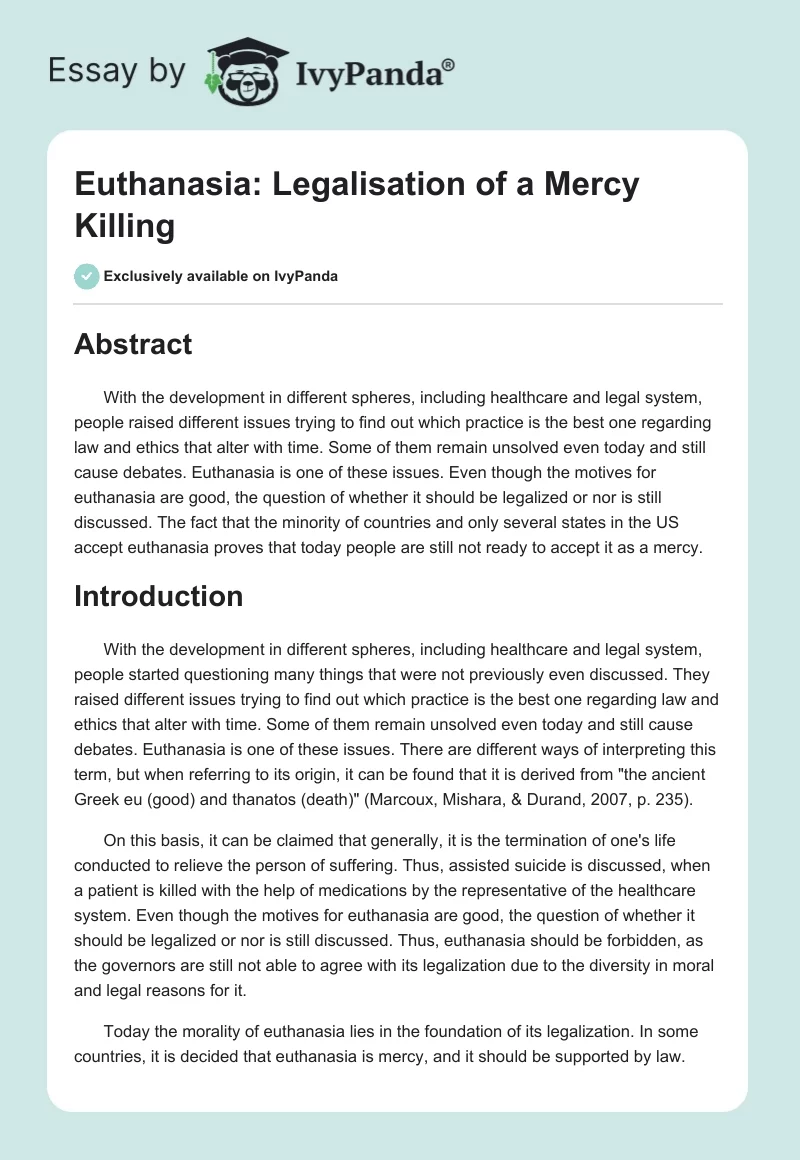 Euthanasia: Legalisation of a Mercy Killing. Page 1