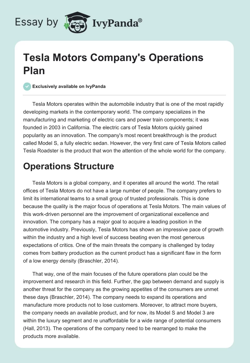 Tesla Motors Company's Operations Plan. Page 1